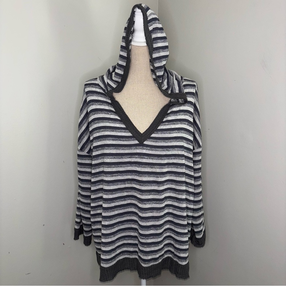 She+Sky gray striped oversized hoodie French terry knit raw hem top One Size